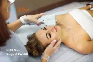 Woman having Hi-Fu to reduce wrinkles Yeovil.