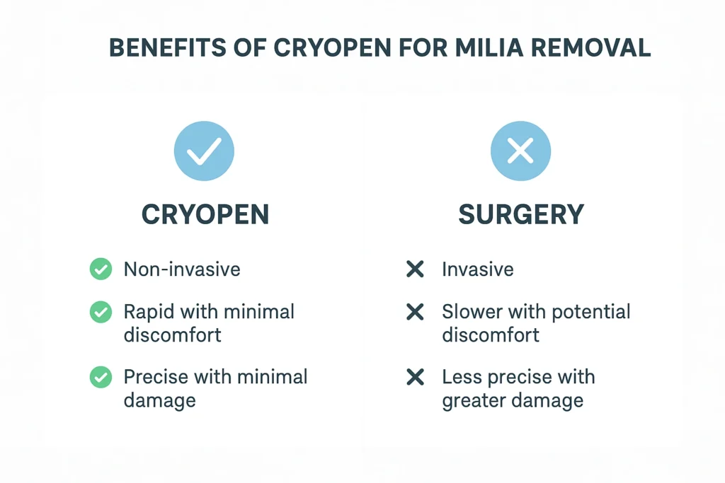 Benefits of cryopen for milia removal Yeovil compared to surgical treatments.