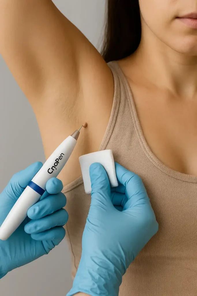 woman having cryopen to remove underarm skin tags Yeovil
