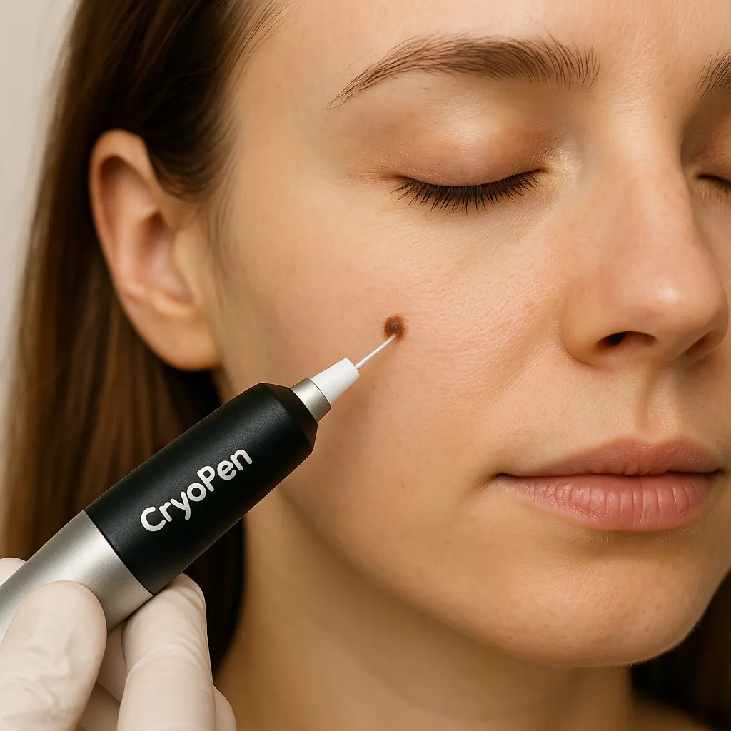 woman receiving facial mole removal Yeovil using cryopen 