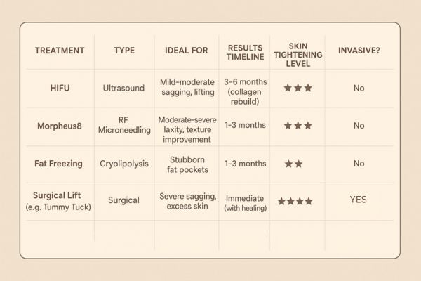 Table showing the comparisons of Skin tightening Yeovil treatment options.